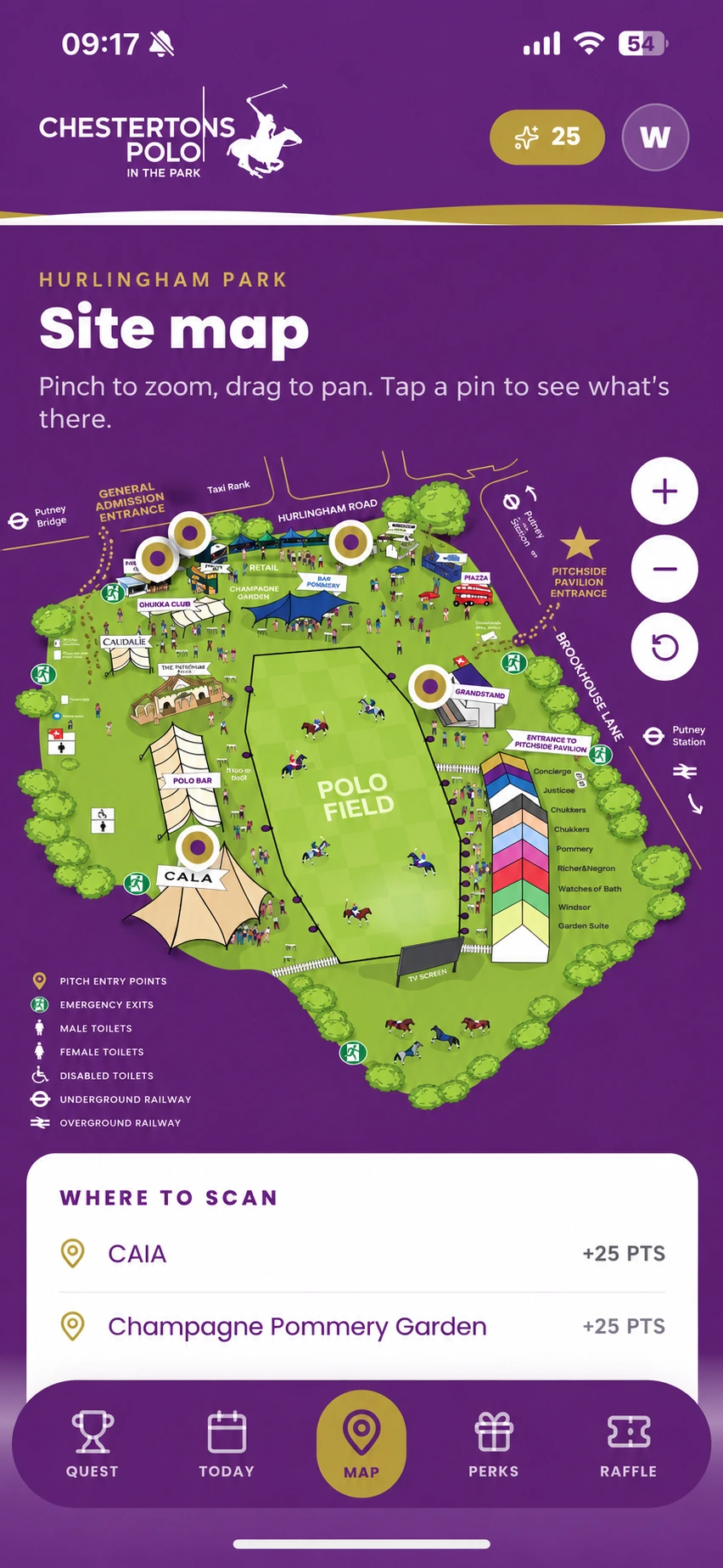 Chestertons Polo in the Park app: interactive Hurlingham Park site map with QR scan points