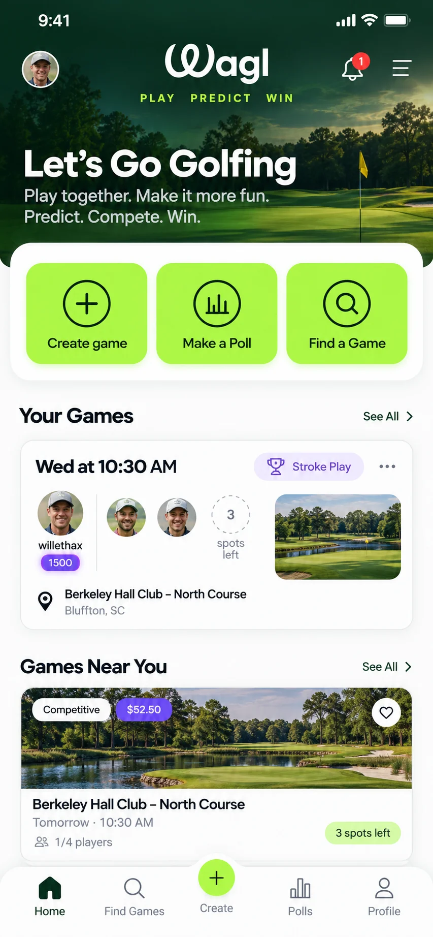 WAGL golf app home: create a game, make a poll or find a game, with your upcoming rounds